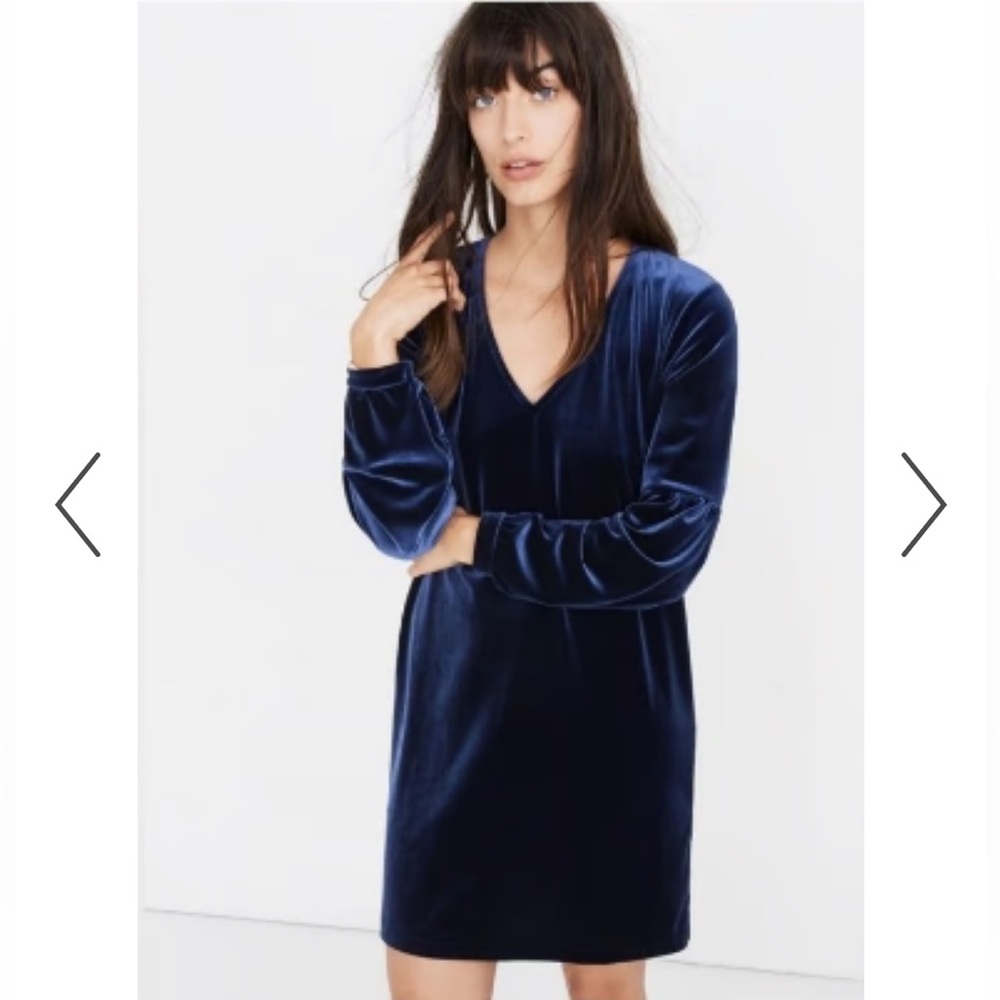 Madewell large navy blue velvet balloon sleeve shift dress holiday New Years